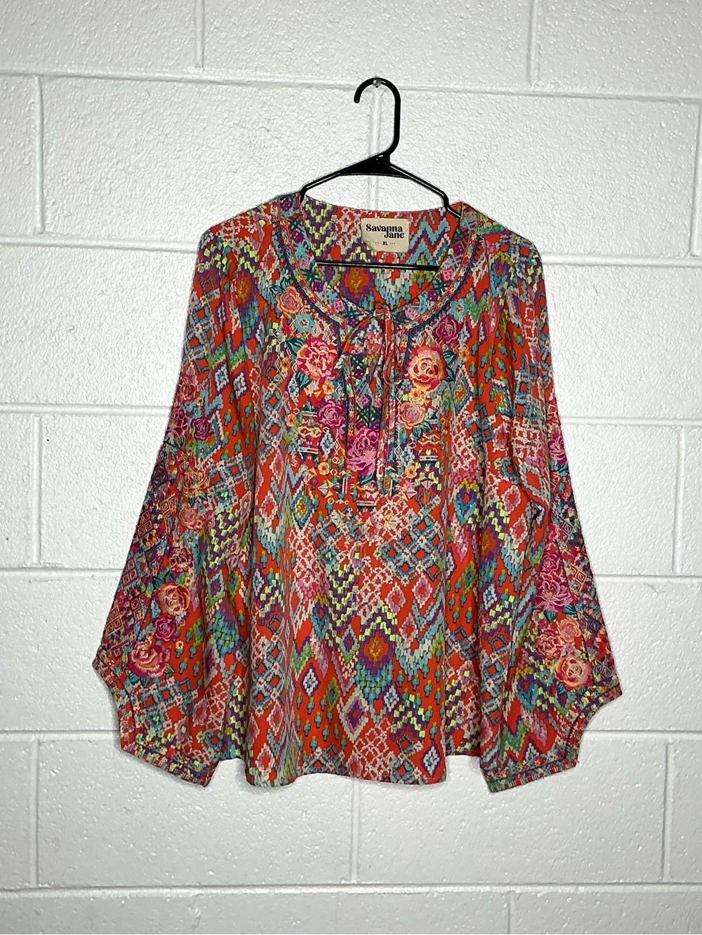 < Savanna Jane Vibrant Colorful Mixed Pattern Flare Sleeve Top >